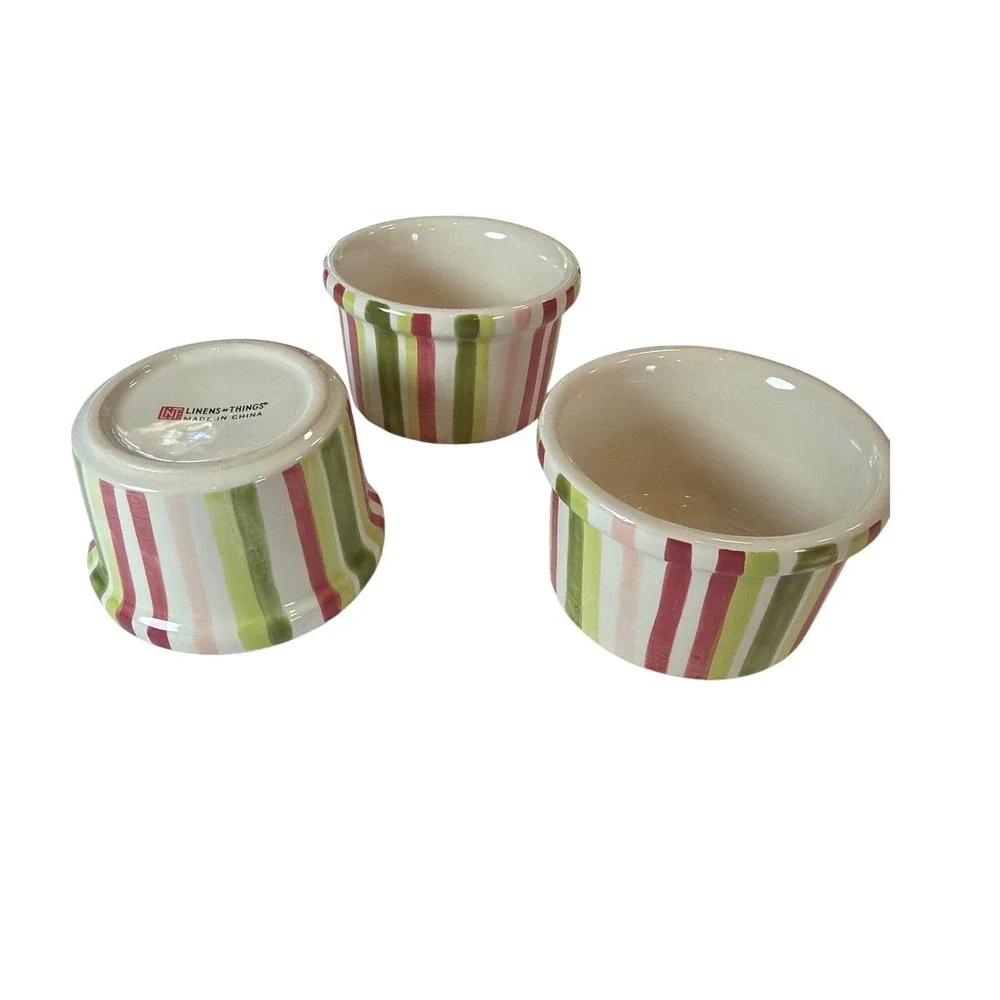 Linens-N-Things Trio Server Hand Painted Ceramic Bowls Striped Snack Set Stand